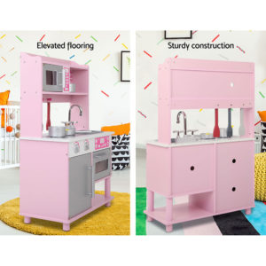 Keezi Kids Wooden Kitchen Play Set – Pink & Silver